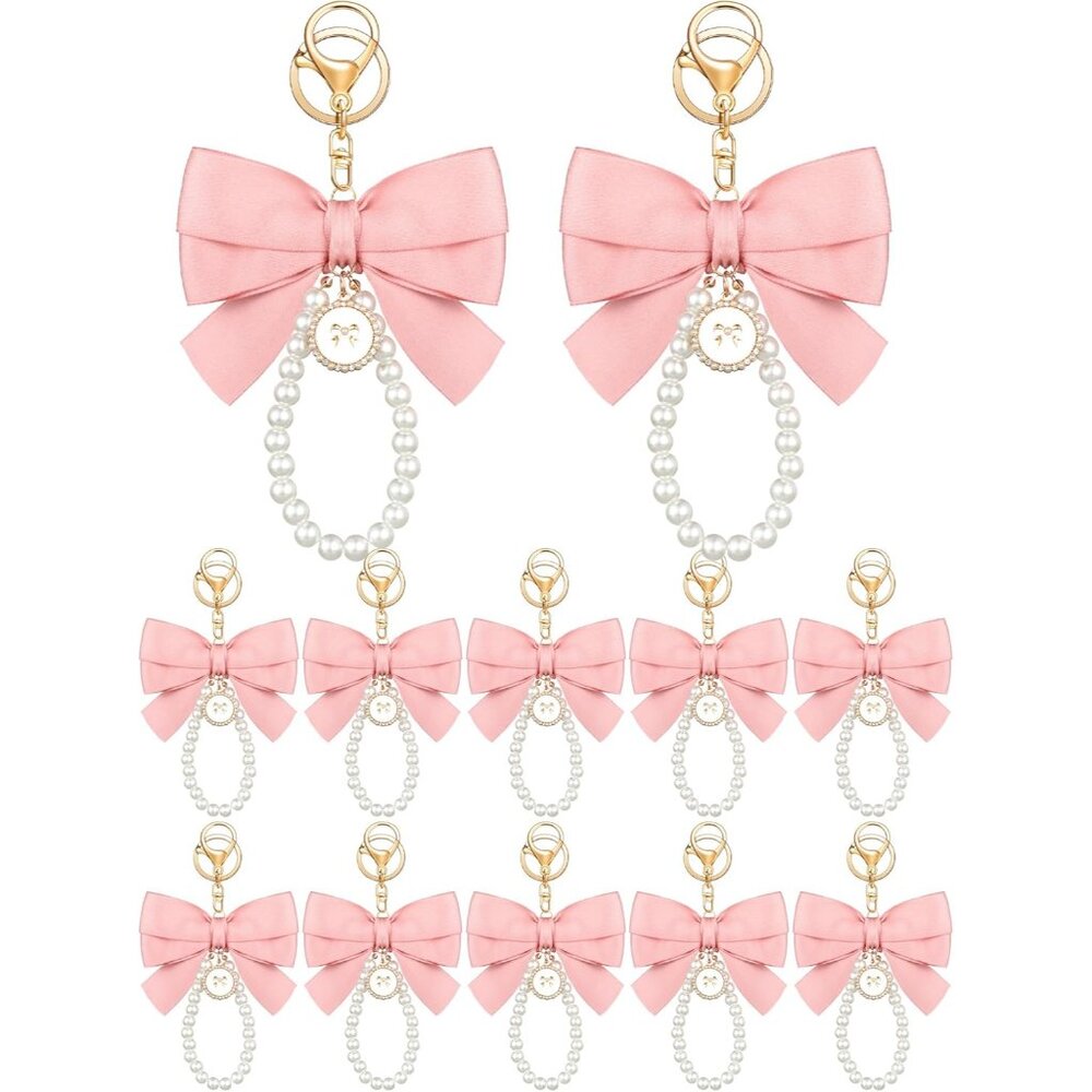 Charming Pink Bowknot Keyring Set - 12 Stylish Wristlet Keychains For Women